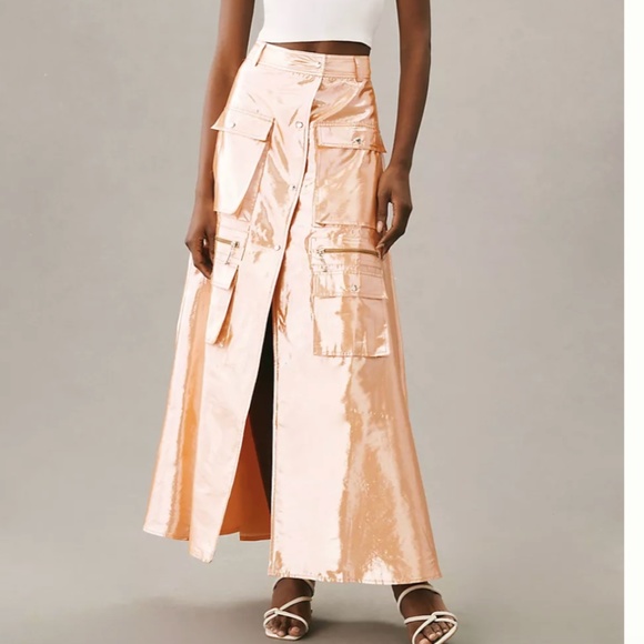 ⭐️ Let Me Be Metallic Cargo Grunge Trendy Chic Glam Model Y2K Rock Maxi Skirt - Picture 1 of 6